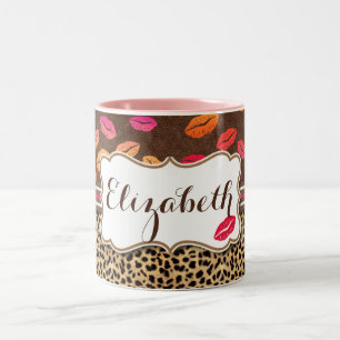 Leopard Print Lips Kisses Personalized Two-Tone Coffee Mug