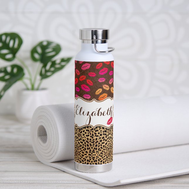 Leopard Print Lips Kisses Personalized Water Bottle (Yoga)