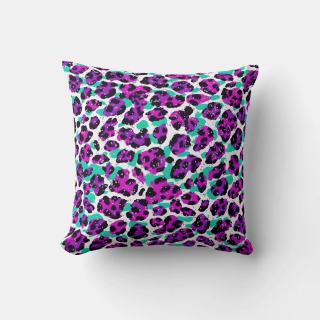 Leopard Print Magenta Pink Teal Blue Throw Pillow (Front)