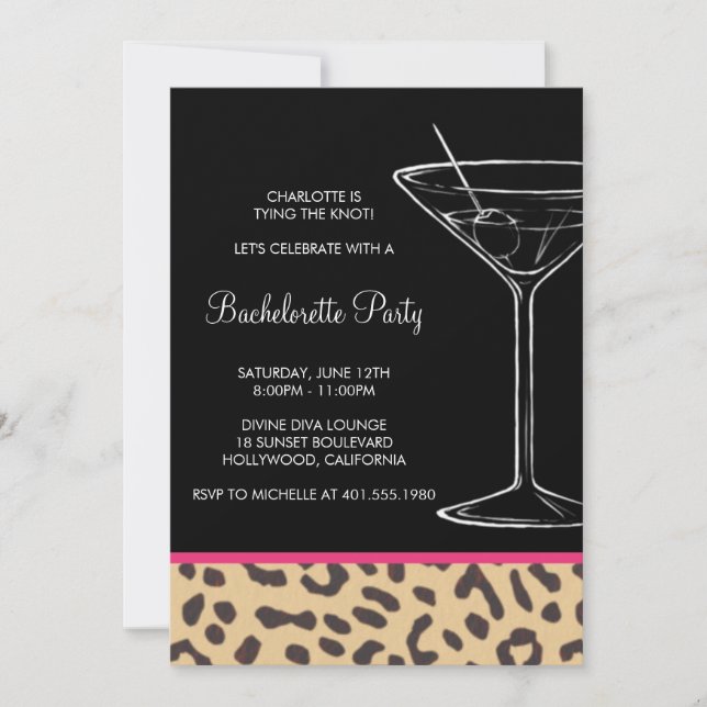 leopard print martini bachelorette invitation (Front)