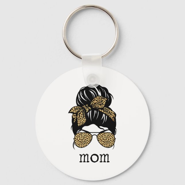 Leopard Print Messy Hair Bun Mom  Keychain (Front)