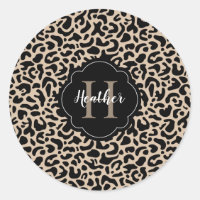 Leopard Print Monogram Classic Round Sticker