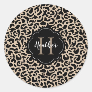 Leopard Print Monogram Classic Round Sticker