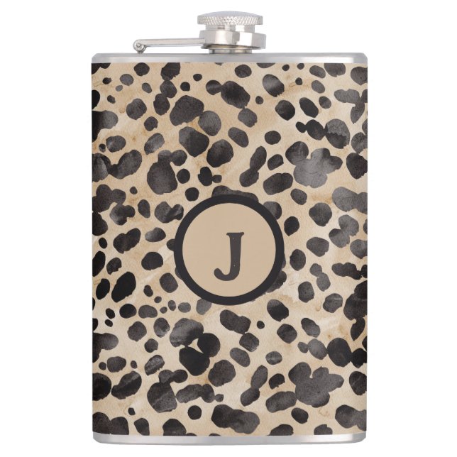 Leopard Print Monogram Hip Flask (Front)