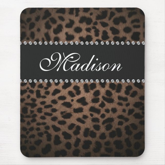 Leopard Print Monogram Rhinestone Bling Mouse Pad (Front)