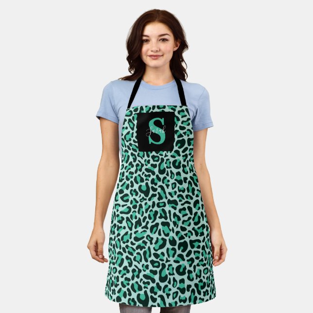 Leopard Print Monogram Trendy Teal Blue Apron (Worn)