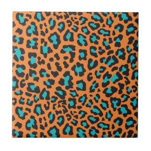 Leopard Print Orange, Black, Aqua Tile