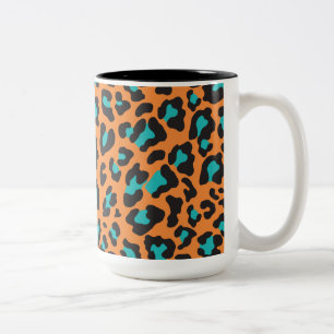 Leopard Print Orange, Black, Aqua Two-Tone Coffee Mug