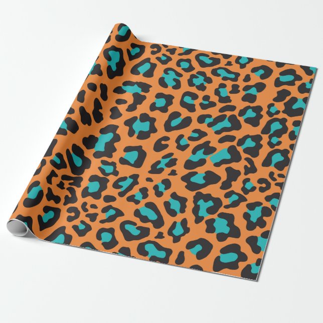 Leopard Print Orange, Black, Aqua Wrapping Paper (Unrolled)