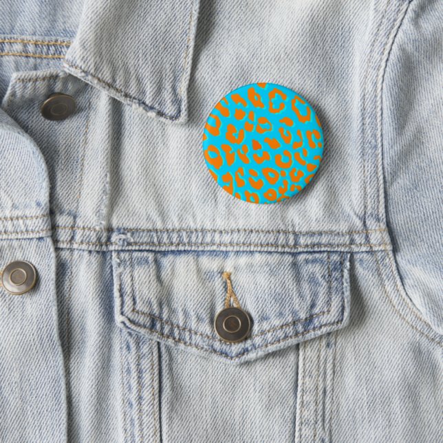 Leopard Print Orange Blue 2 Inch Round Button (In Situ)
