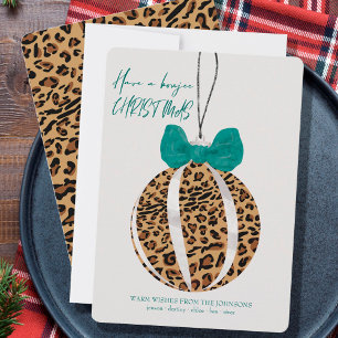 Leopard Print Ornament Green Bow Boujee Christmas Holiday Card