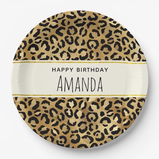 Leopard Print Pattern in Gold and Black Birthday Paper Plate (Front)