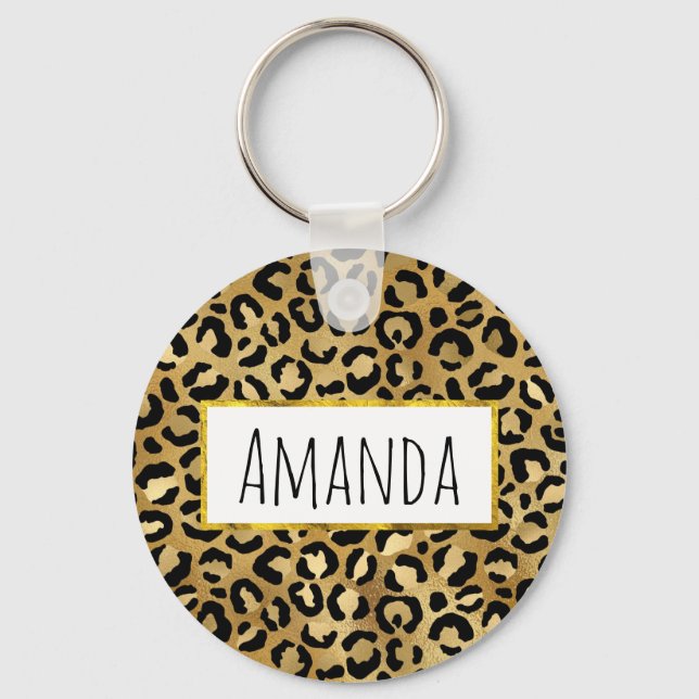 Leopard Print Pattern in Gold and Black Keychain (Front)