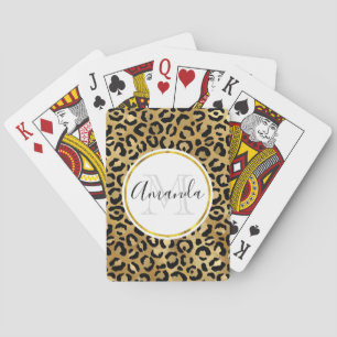 Leopard Print Pattern in Gold and Black Monogram Playing Cards
