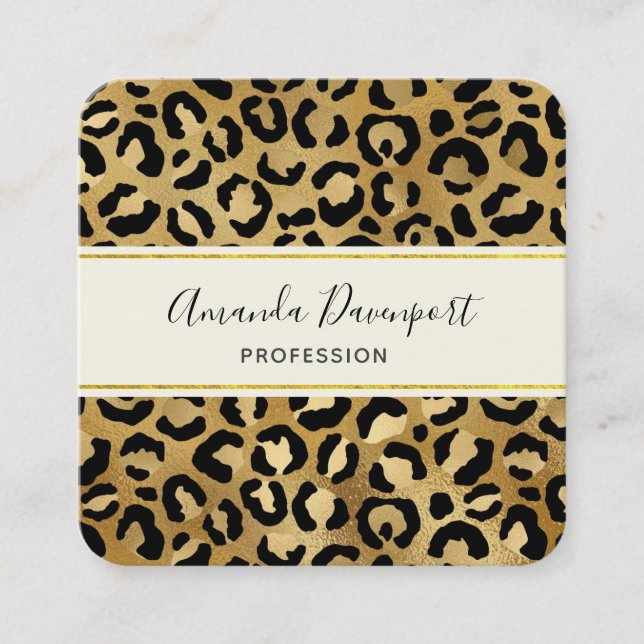 Leopard Print Pattern in Gold and Black Square Business Card (Front)