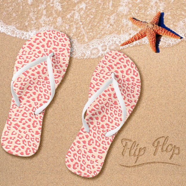 Leopard Print Pattern Living Coral White Flip Flops (Creator Uploaded)