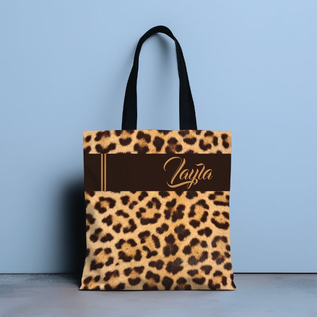Leopard Print Personalized Gold Script Name Tote Bag (Creator Uploaded)
