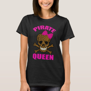 Leopard Print Pink Bow Pirate Queen Skull T-Shirt