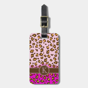 Leopard print pink brown monogram luggage tag
