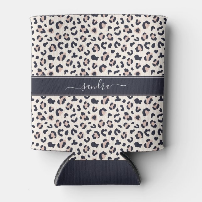 Leopard print pink custom name can cooler (Front)