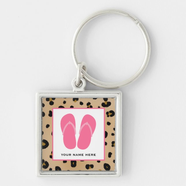 Leopard Print & Pink Flip Flops Personalized Keychain (Front)