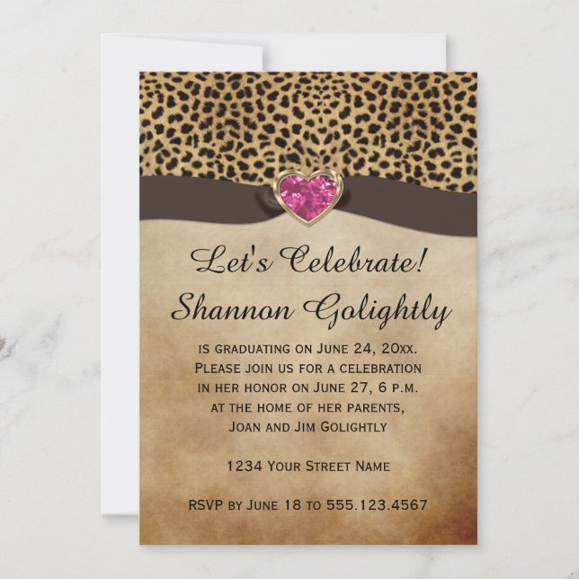 Leopard Print Pink Heart Bling Graduation Party Invitation (Front)