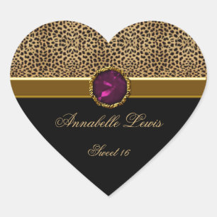 Leopard Print Pink Jewel Sweet 16 Heart Sticke Sticker