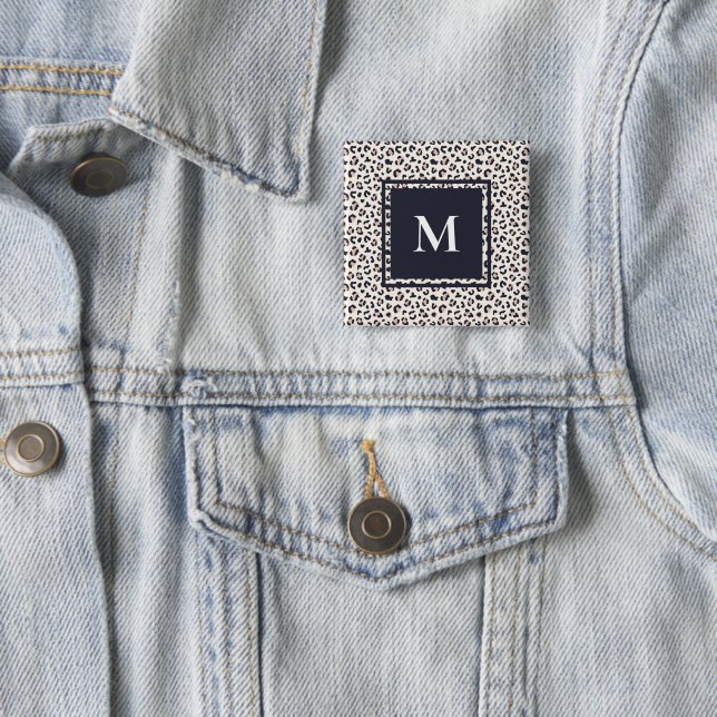 Leopard print pink monogram  2 inch square button (In Situ)