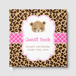 Leopard Print Pink Quatrefoil Birthday Party Guest Book