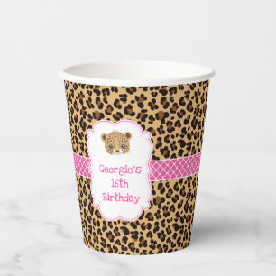 Leopard Print Pink Quatrefoil Birthday Party Paper Cups