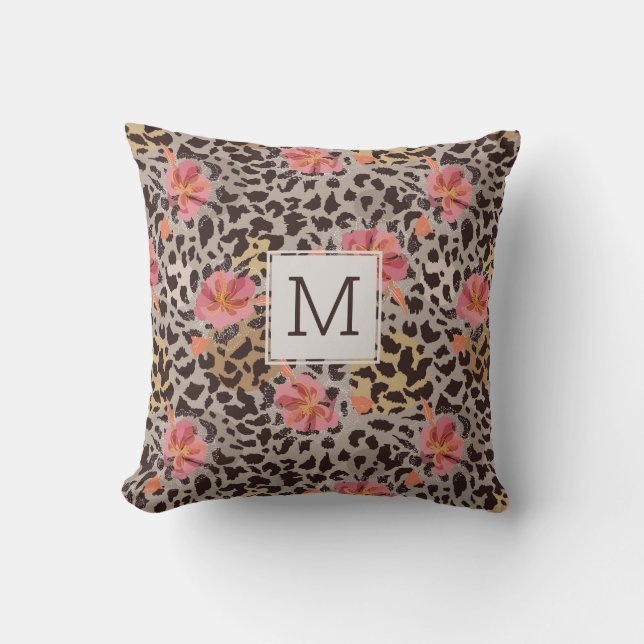 Leopard Print Pretty Tropical Flower, Monogram Outdoor Pillow (Front)