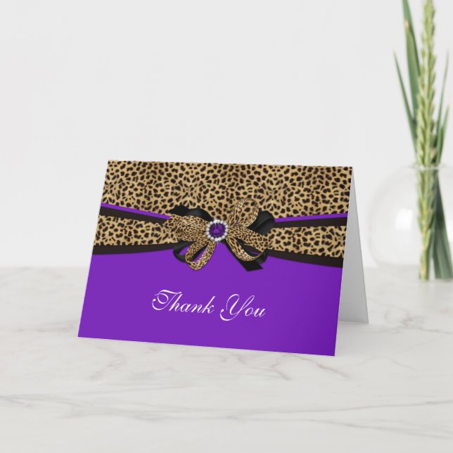 Leopard Print Purple Gem Rhinestone Thank You Card (Front)