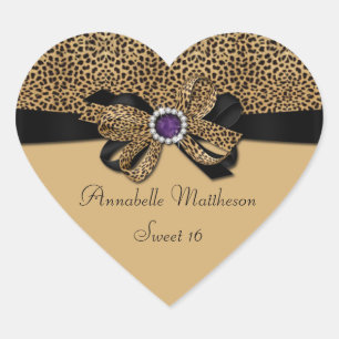Leopard Print Purple Jewel Diamonds Sweet 16 Heart Sticker