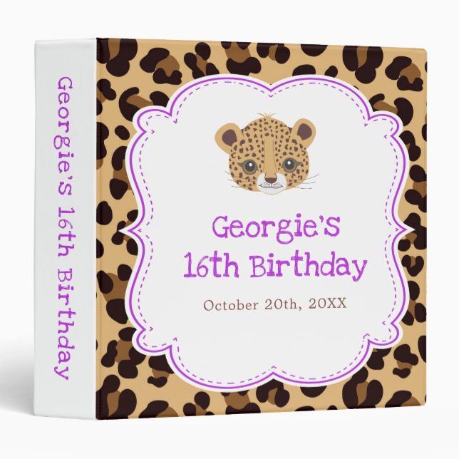 Leopard Print Purple Quatrefoil Birthday Party  Binder (Front/Spine)