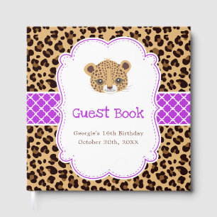 Leopard Print Purple Quatrefoil Birthday Party Guest Book