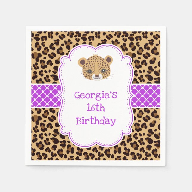 Leopard Print Purple Quatrefoil Birthday Party Napkin (Front)