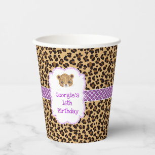 Leopard Print Purple Quatrefoil Birthday Party Paper Cups