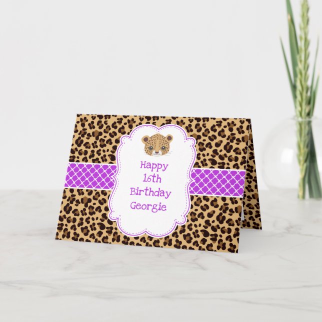 Leopard Print Purple Quatrefoil  Card (Front)