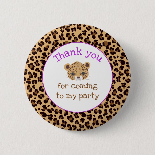 Leopard Print Purple Quatrefoil 'Thank you' 2 Inch Round Button (Front)