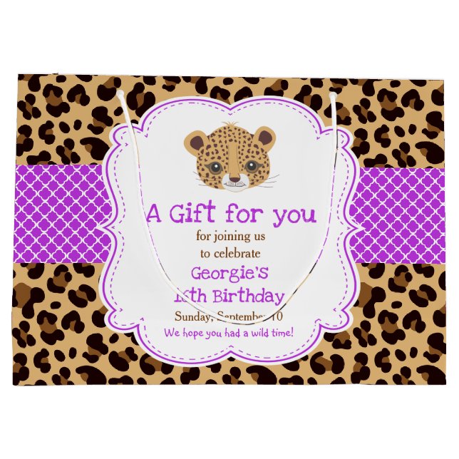 Leopard Print Purple Quatrefoil Thank You Large Gift Bag (Back)