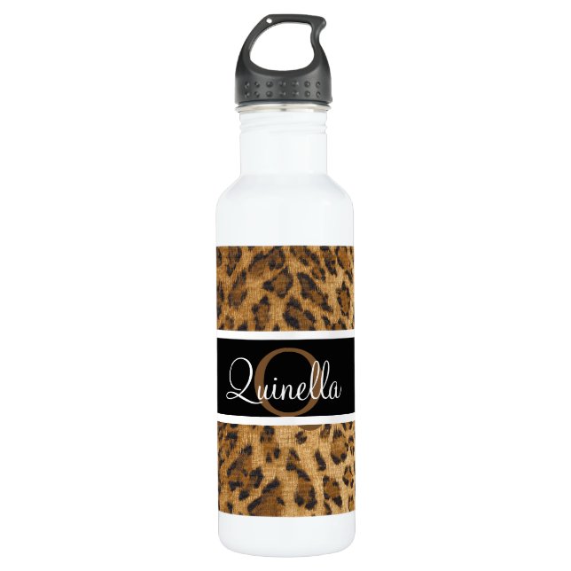 Leopard Print Q monogram initials Water Bottle (Front)