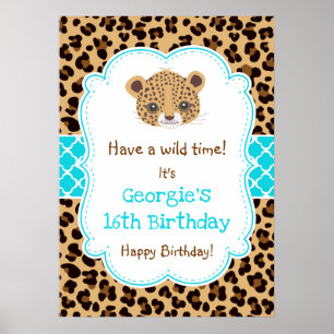 Leopard Print Quatre foil Birthday Poster Blue