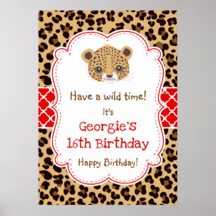 Leopard Print Quatrefoil Birthday Poster Red