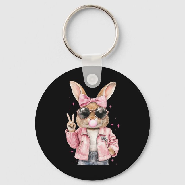 Leopard Print Rabbit Bunny Blowing Bubble Gum East Keychain (Front)