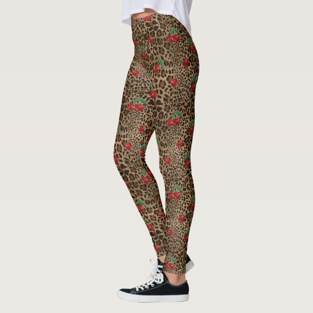 Leopard Print Red Cherry Pattern Leggings (Left)