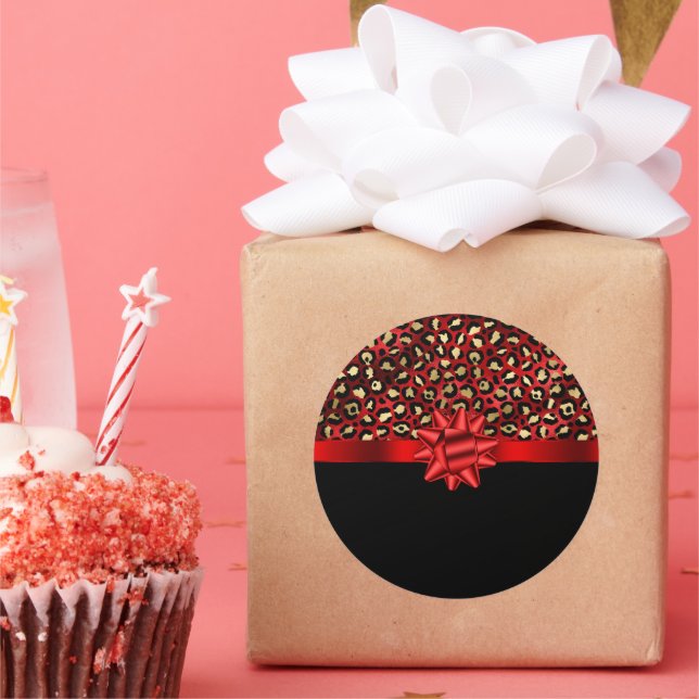 Leopard Print Red, Gold and Black with Red Bow Classic Round Sticker (Party)