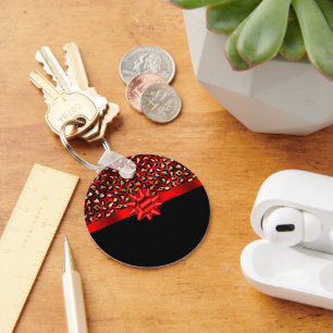 Leopard Print Red, Gold and Black with Red Bow Keychain