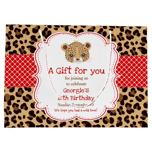 Leopard Print Red Quatre foil Birthday Thank You Large Gift Bag (Back)