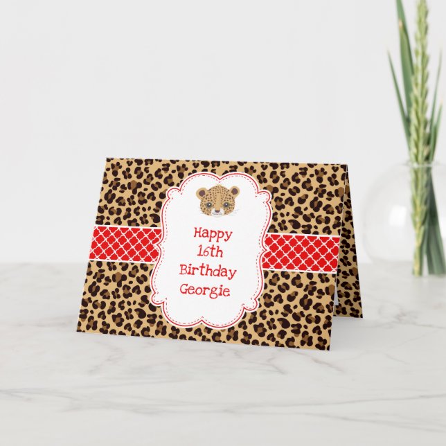 Leopard Print Red Quatrefoil Birthday  Card (Front)