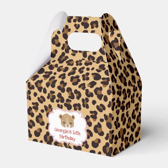 Leopard Print Red Quatrefoil Birthday Party Favor Box (Front Side)